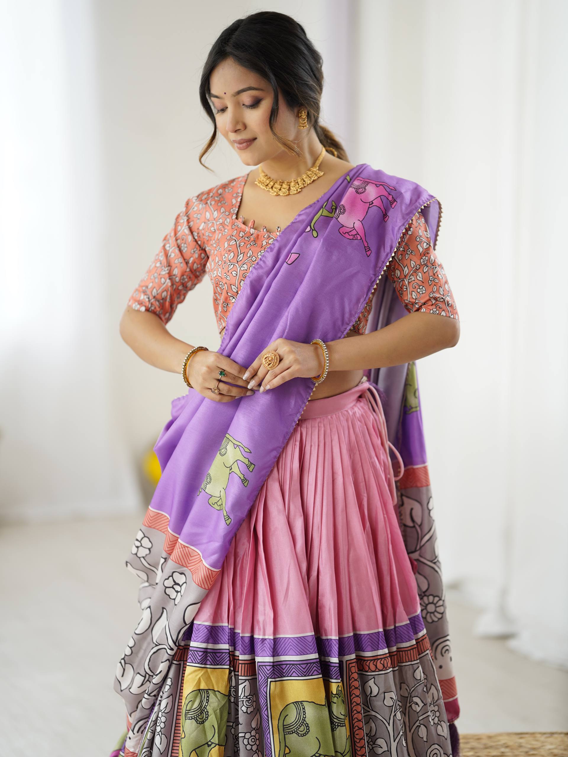 Blush Rose & Lilac Charm Handcrafted Folk Art Tussar Silk Lehenga Choli Set