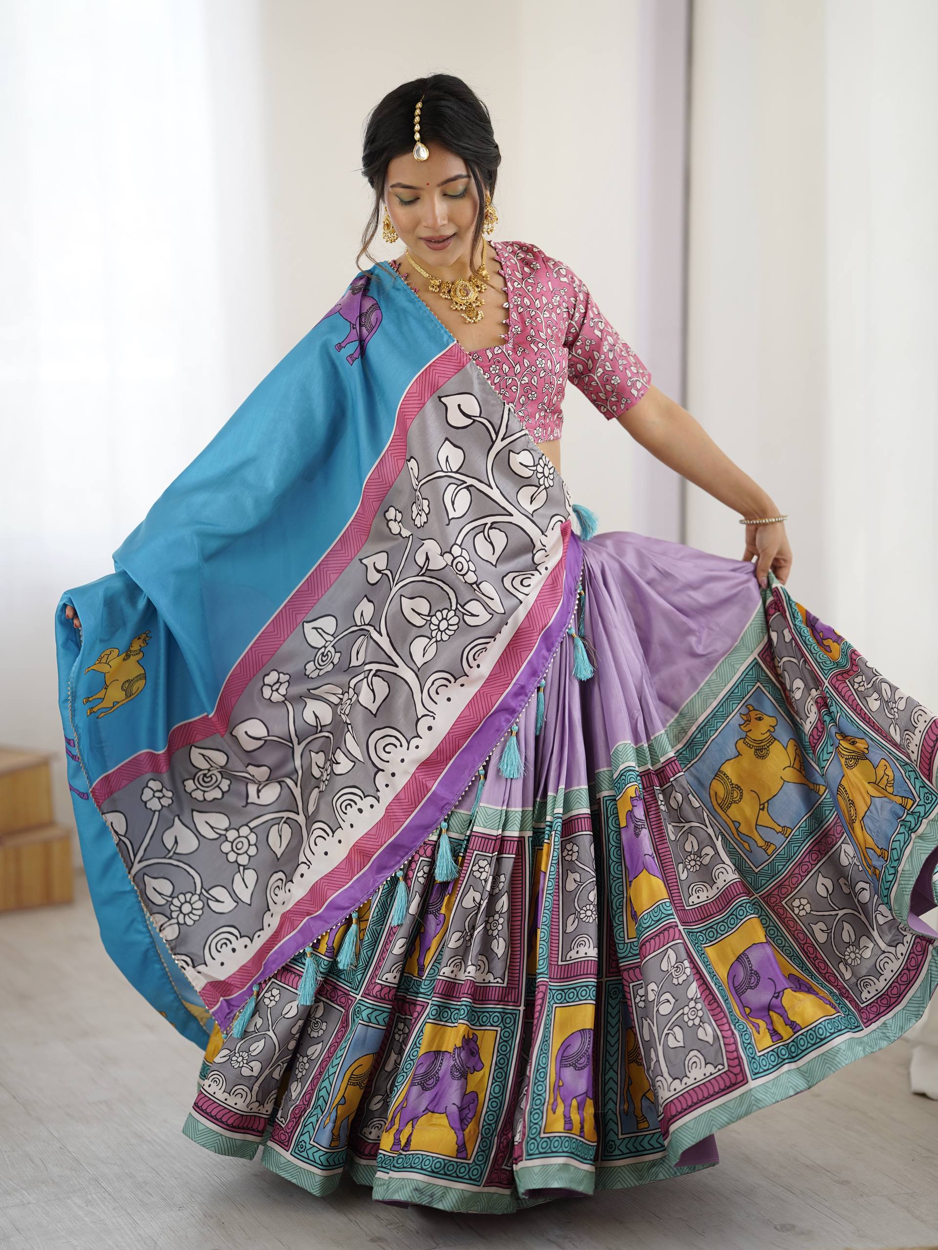 Regal Mauve & Sky Blue Heritage Print Tussar Silk Lehenga Choli Set