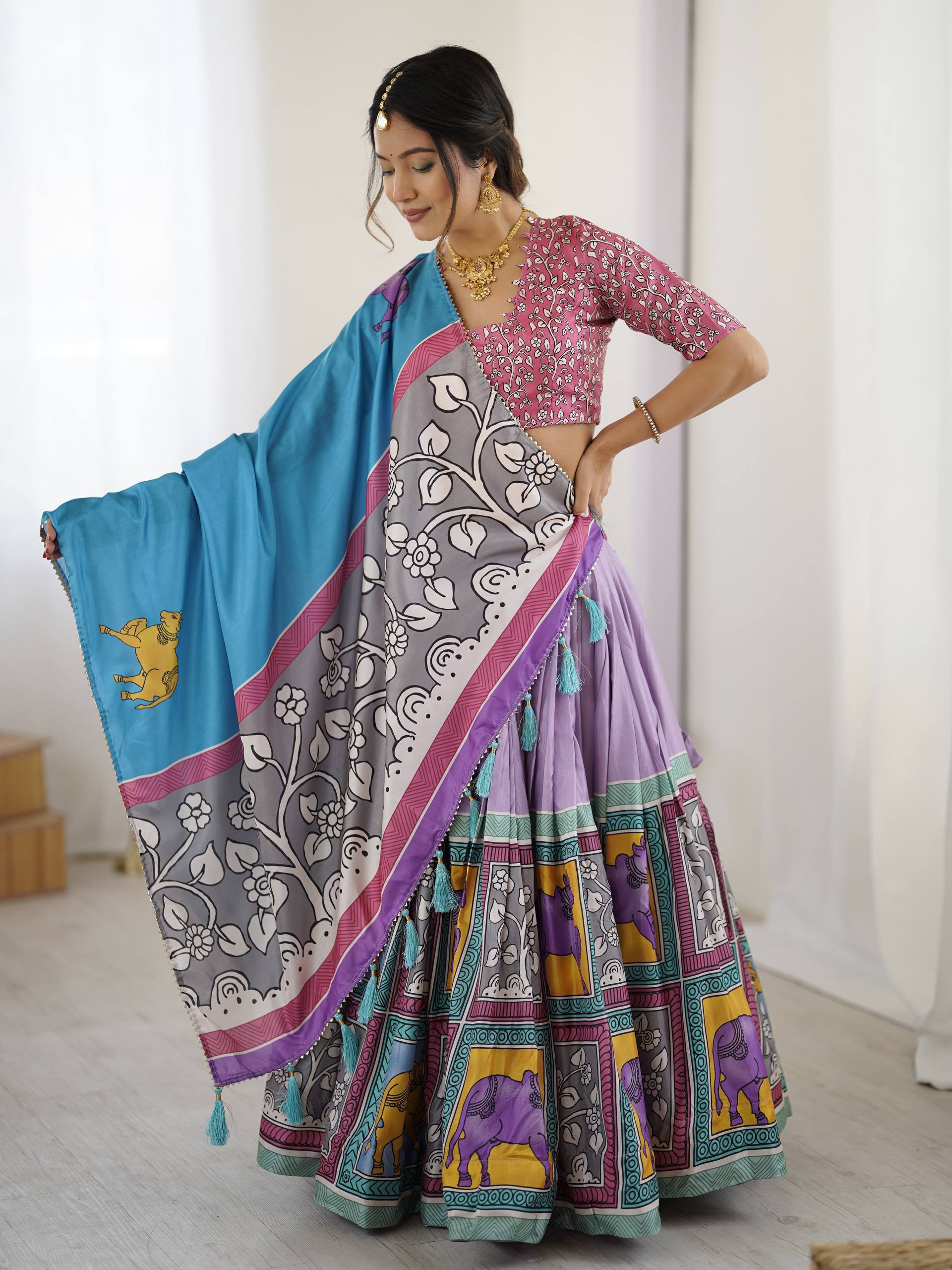 Regal Mauve & Sky Blue Heritage Print Tussar Silk Lehenga Choli Set