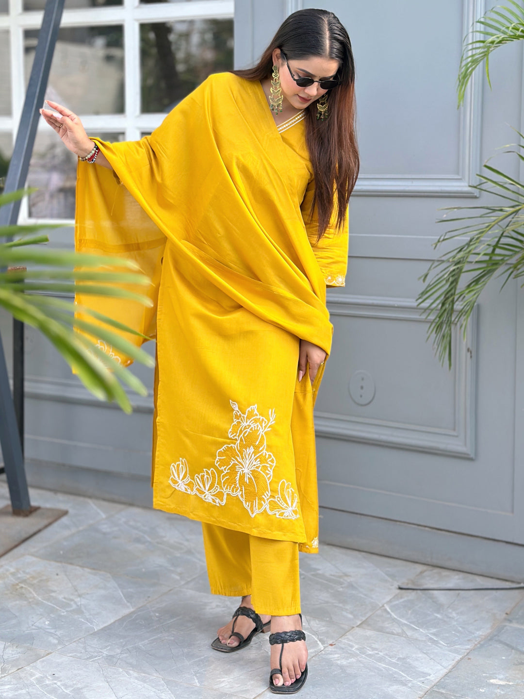 Yellow Floral Embroidered Silk Blend Fabrics Kurta with Trousers & Dupatta