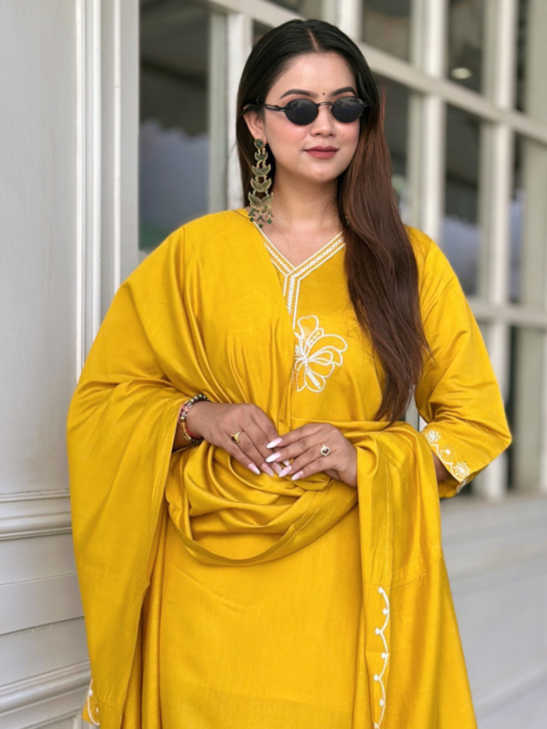 Yellow Floral Embroidered Silk Blend Fabrics Kurta with Trousers & Dupatta