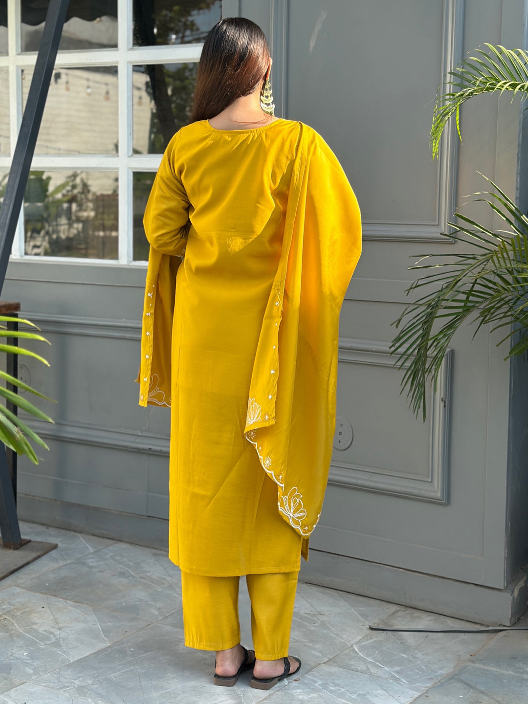 Yellow Floral Embroidered Silk Blend Fabrics Kurta with Trousers & Dupatta
