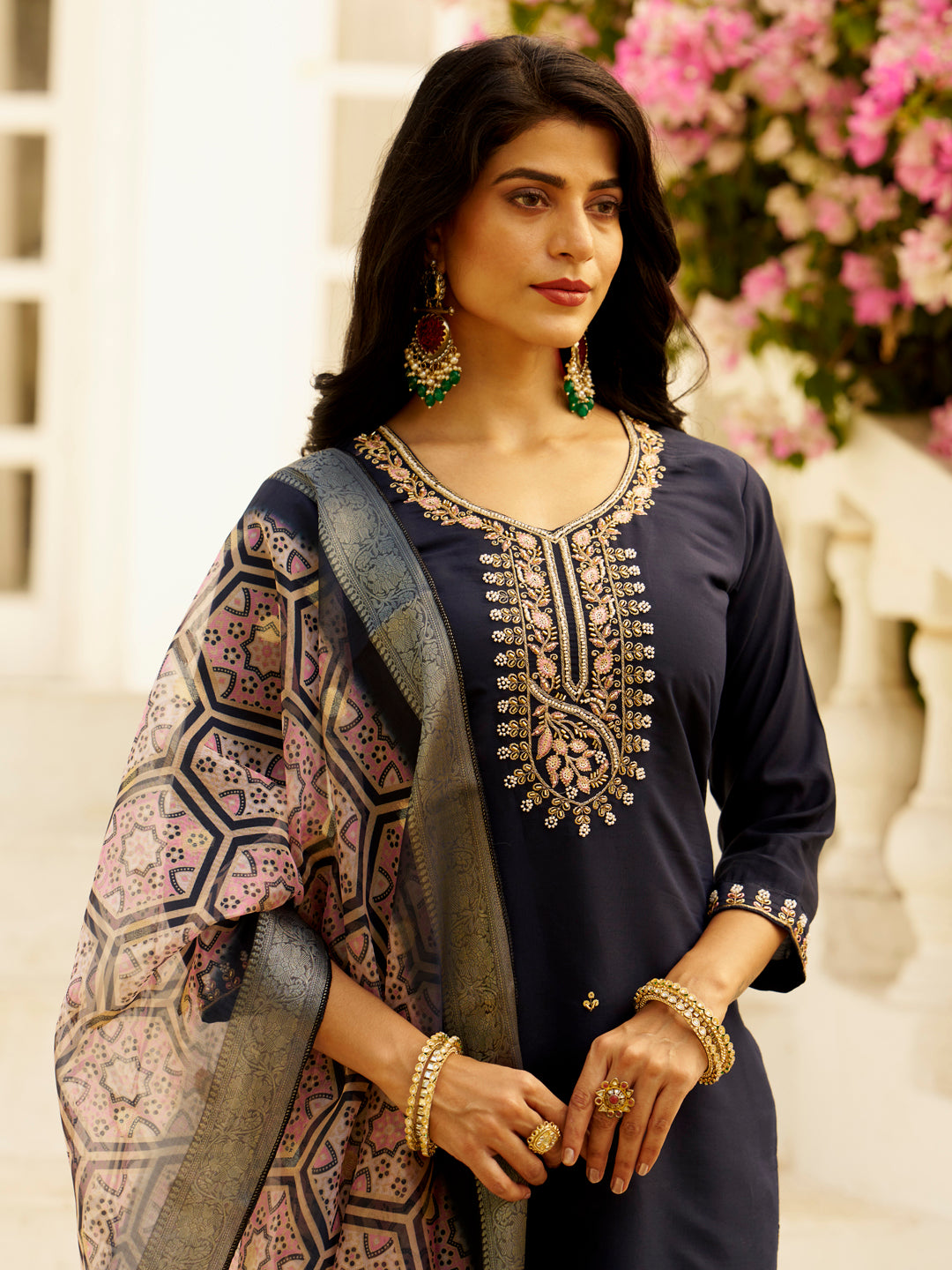 Embroidered Silk Blend Women Kurta Sets With Dupatta Straight Suits