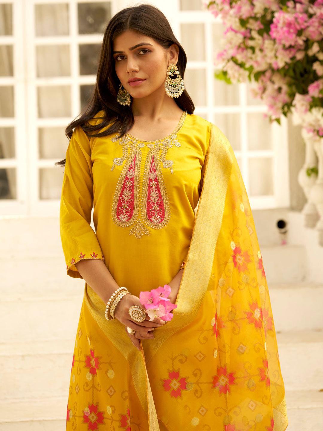 Embroidered Yellow Women Kurta Sets With Dupatta Straight Suits