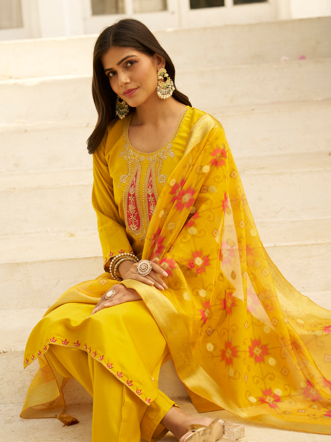 Embroidered Yellow Women Kurta Sets With Dupatta Straight Suits