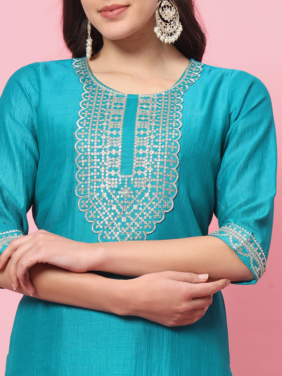 Embroidered Silk Straight Kurta With Trousers & Dupatta
