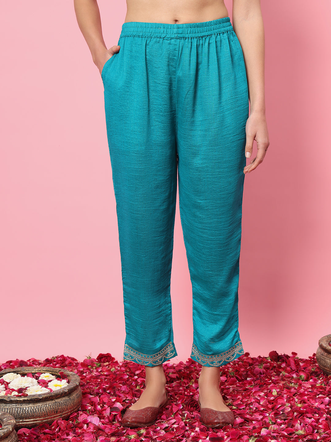 Embroidered Silk Straight Kurta With Trousers & Dupatta