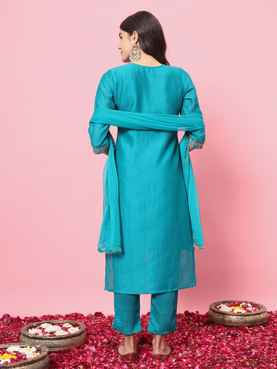 Embroidered Silk Straight Kurta With Trousers & Dupatta