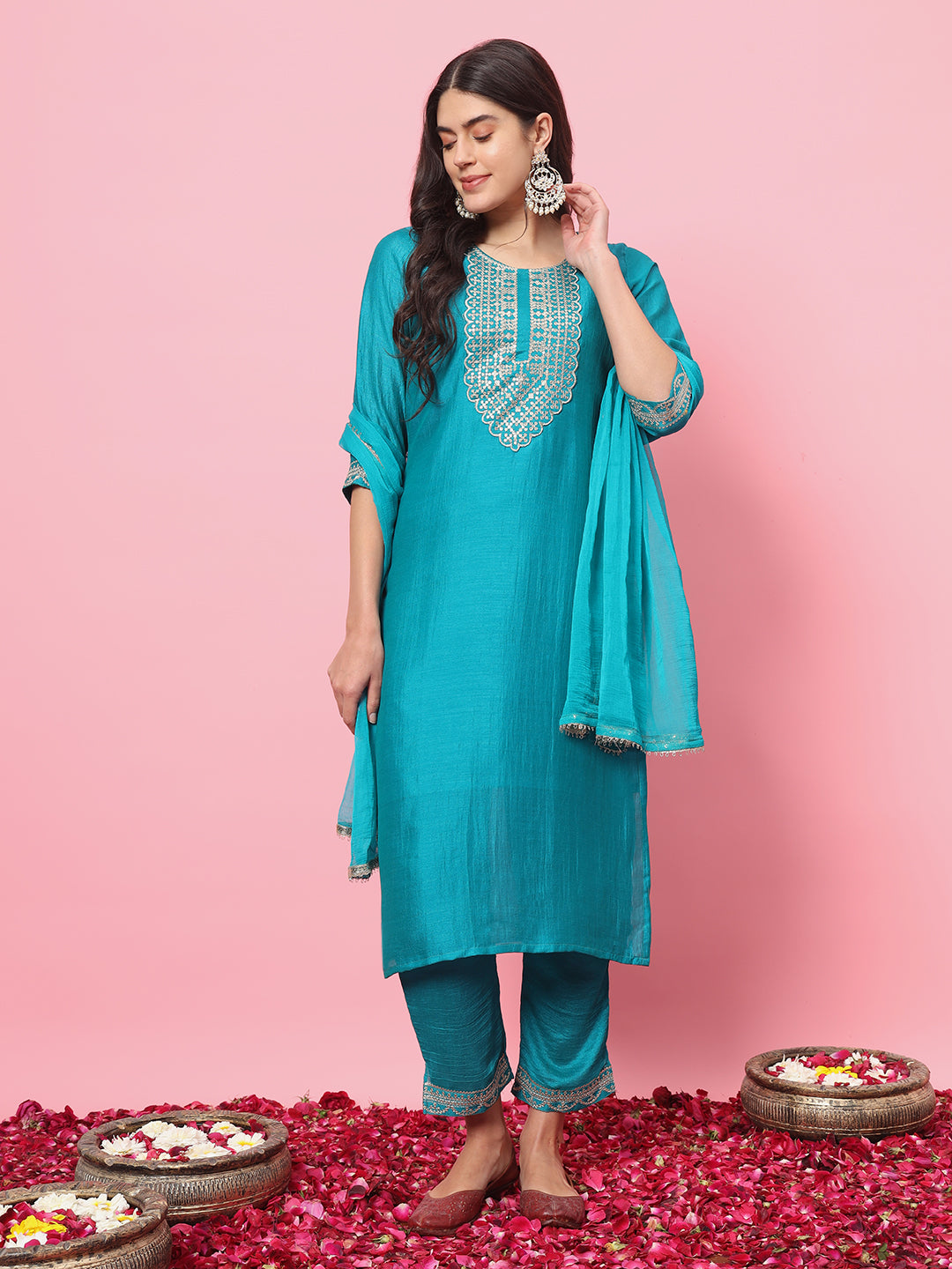 Embroidered Silk Straight Kurta With Trousers & Dupatta