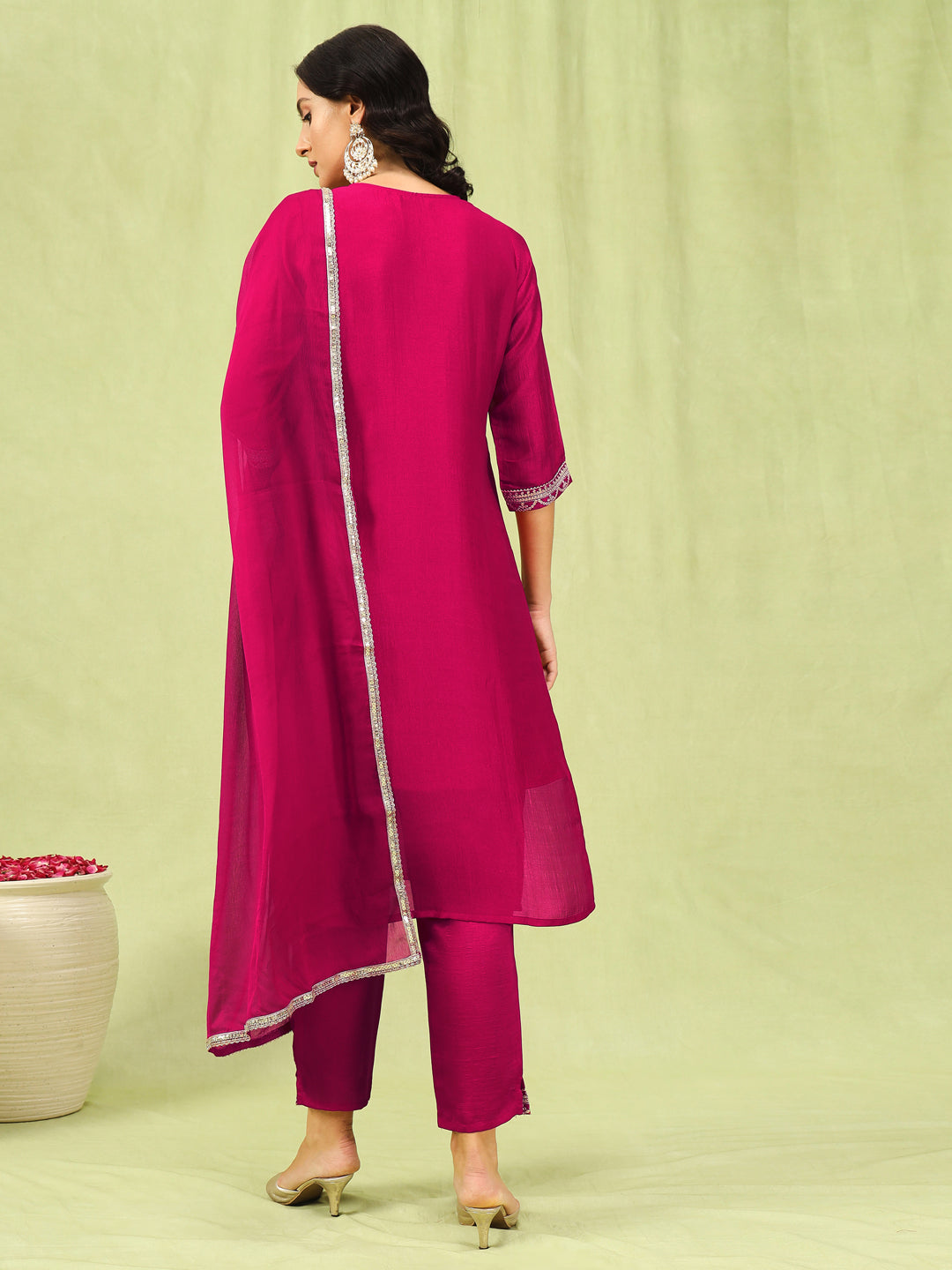 Embroidered Silk Straight Kurta With Trousers & Dupatta