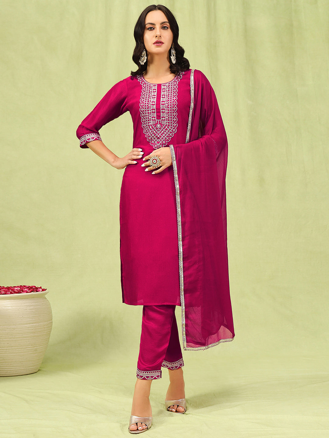 Embroidered Silk Straight Kurta With Trousers & Dupatta