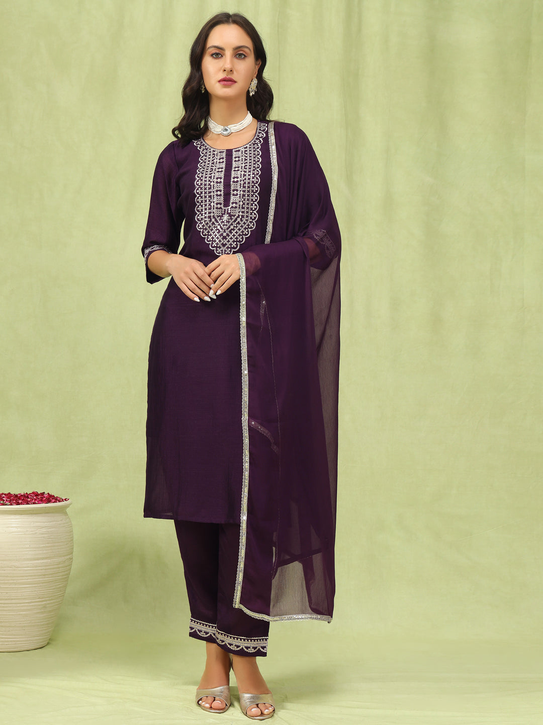 Embroidered Silk Straight Kurta With Trousers & Dupatta