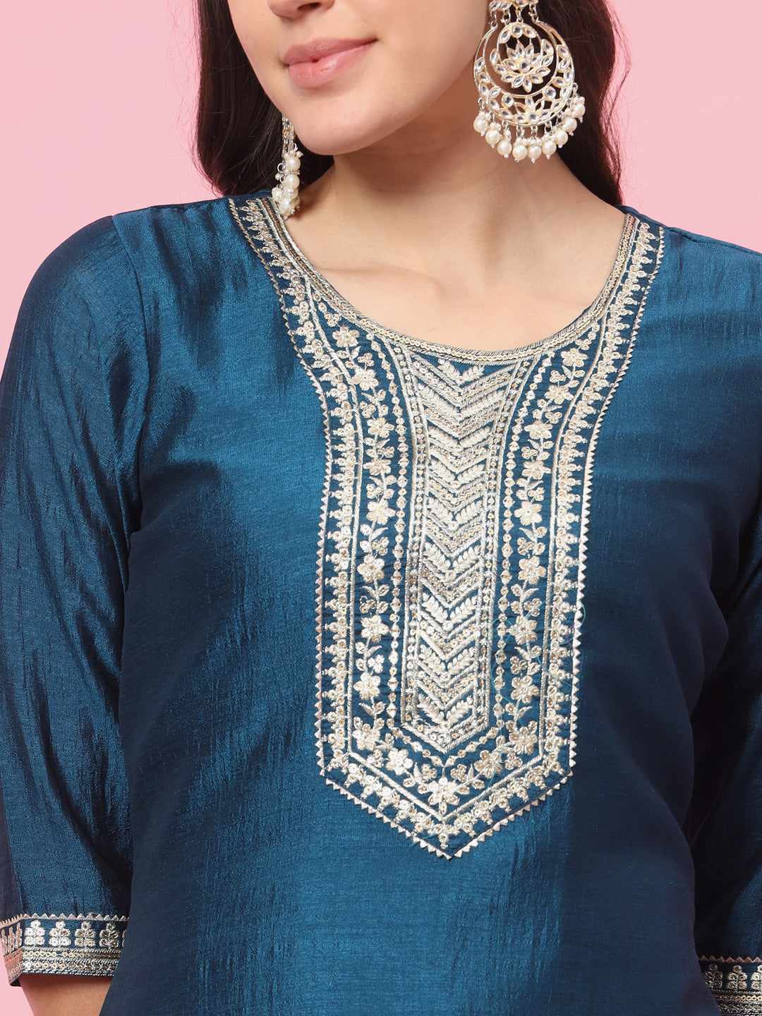 Teal Silk Embroidered Straight Kurta with Trouser & Dupatta