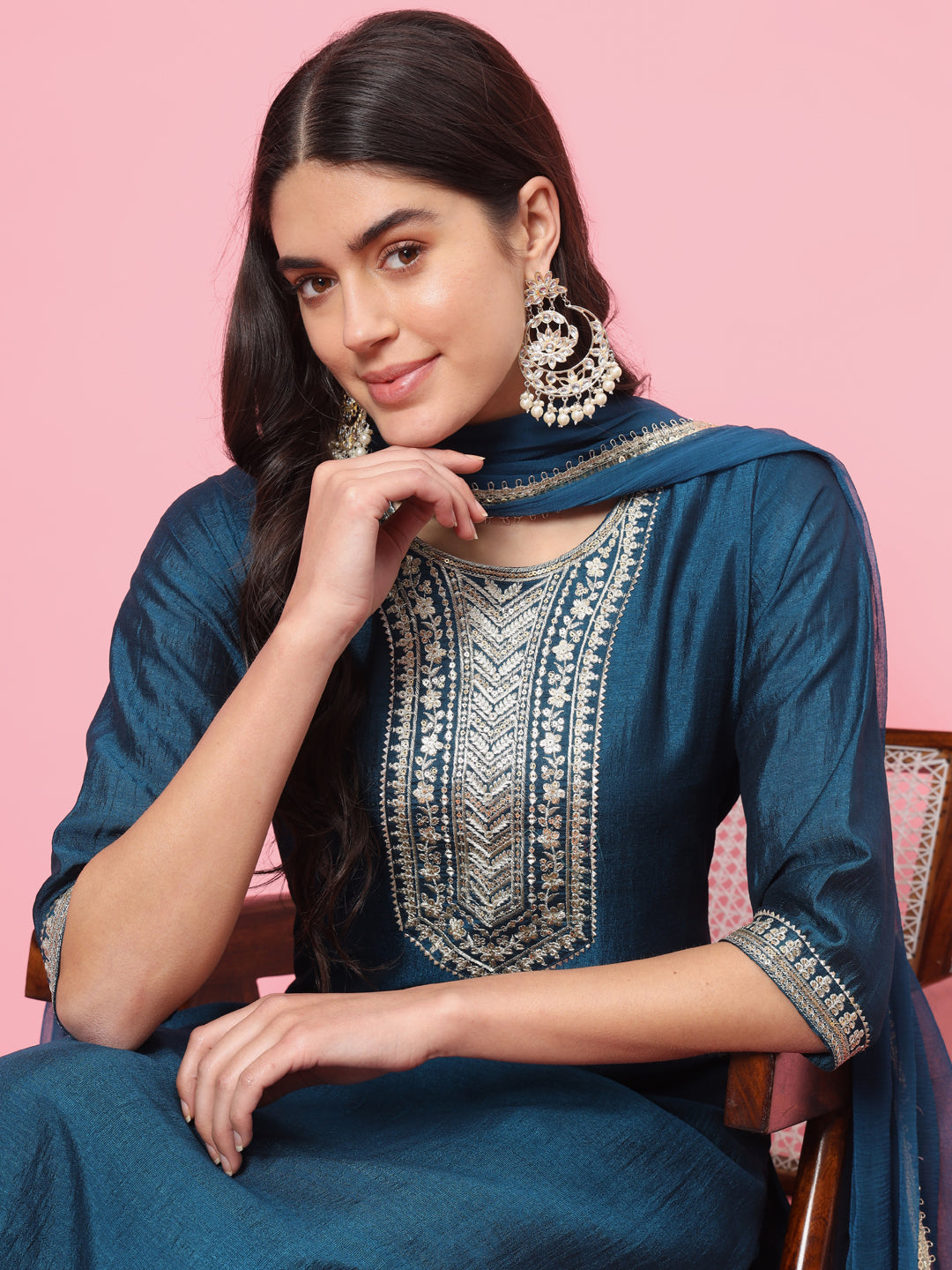 Teal Silk Embroidered Straight Kurta with Trouser & Dupatta