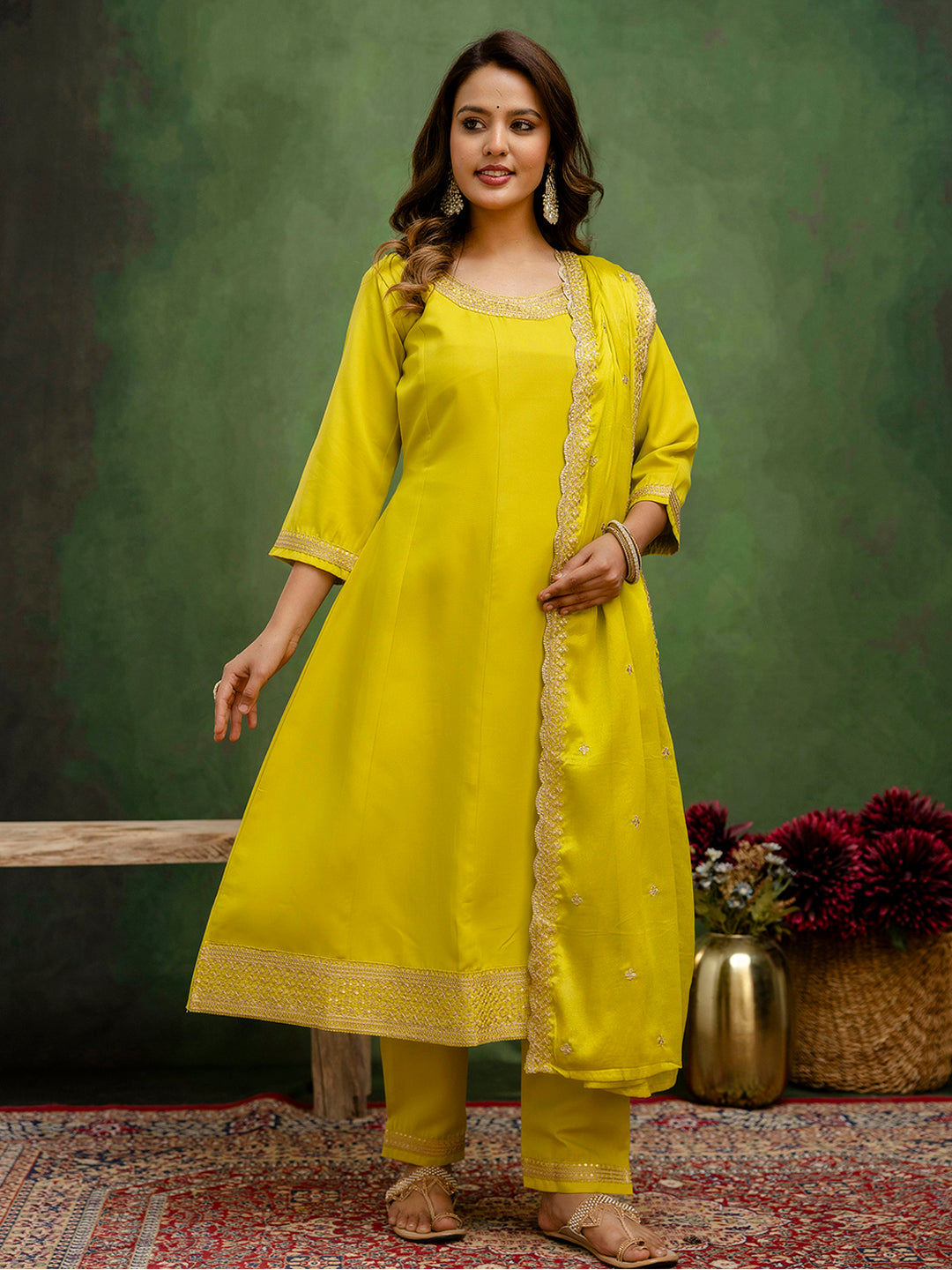 Women Anarkali Kurta and Pant Dupatta Sets Viscose Rayon Fabrics with Embroidery