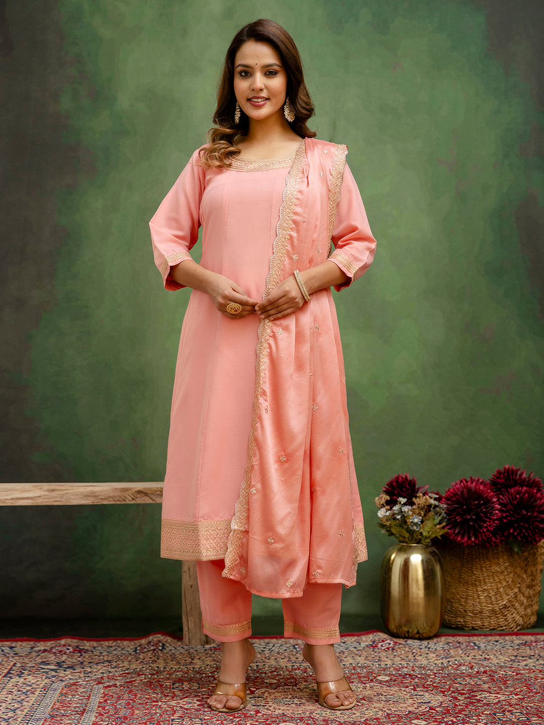 Women Anarkali Kurta and Pant Dupatta Sets Viscose Rayon Fabrics with Embroidery