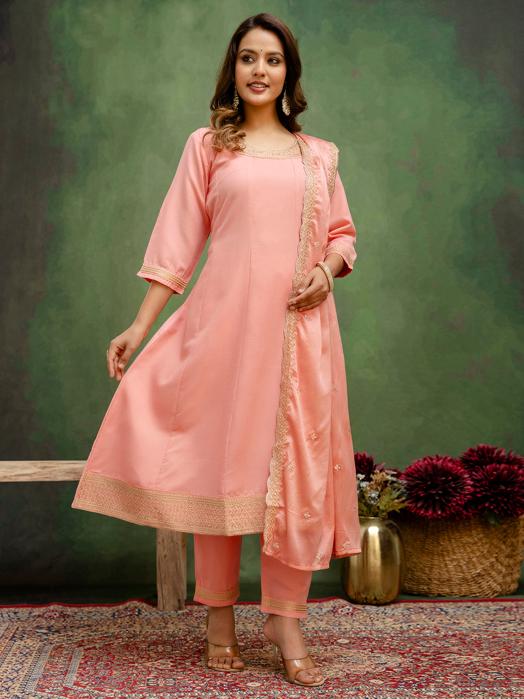 Women Anarkali Kurta and Pant Dupatta Sets Viscose Rayon Fabrics with Embroidery