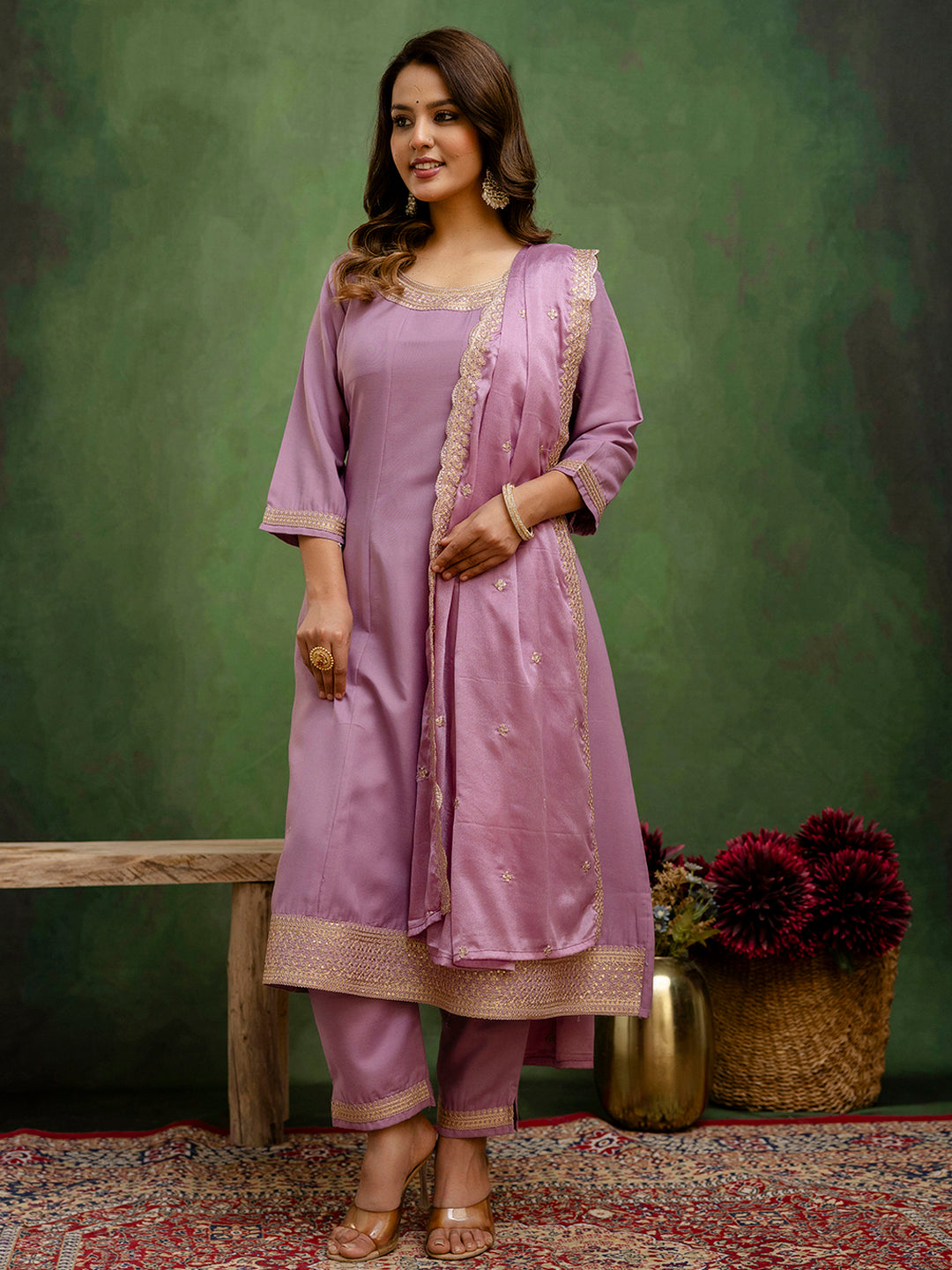 Women Anarkali Kurta and Pant Dupatta Sets Viscose Rayon Fabrics with Embroidery