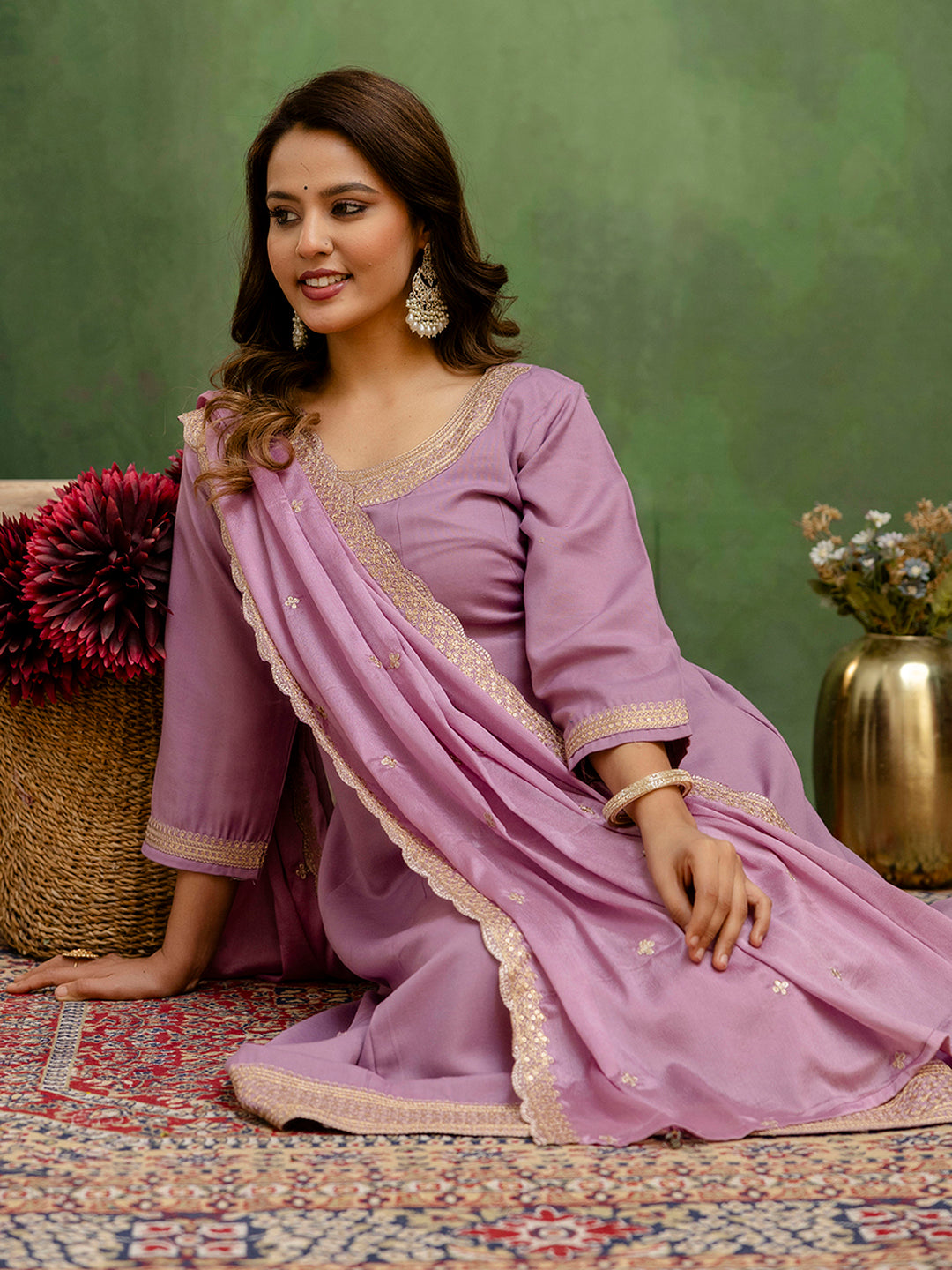 Women Anarkali Kurta and Pant Dupatta Sets Viscose Rayon Fabrics with Embroidery