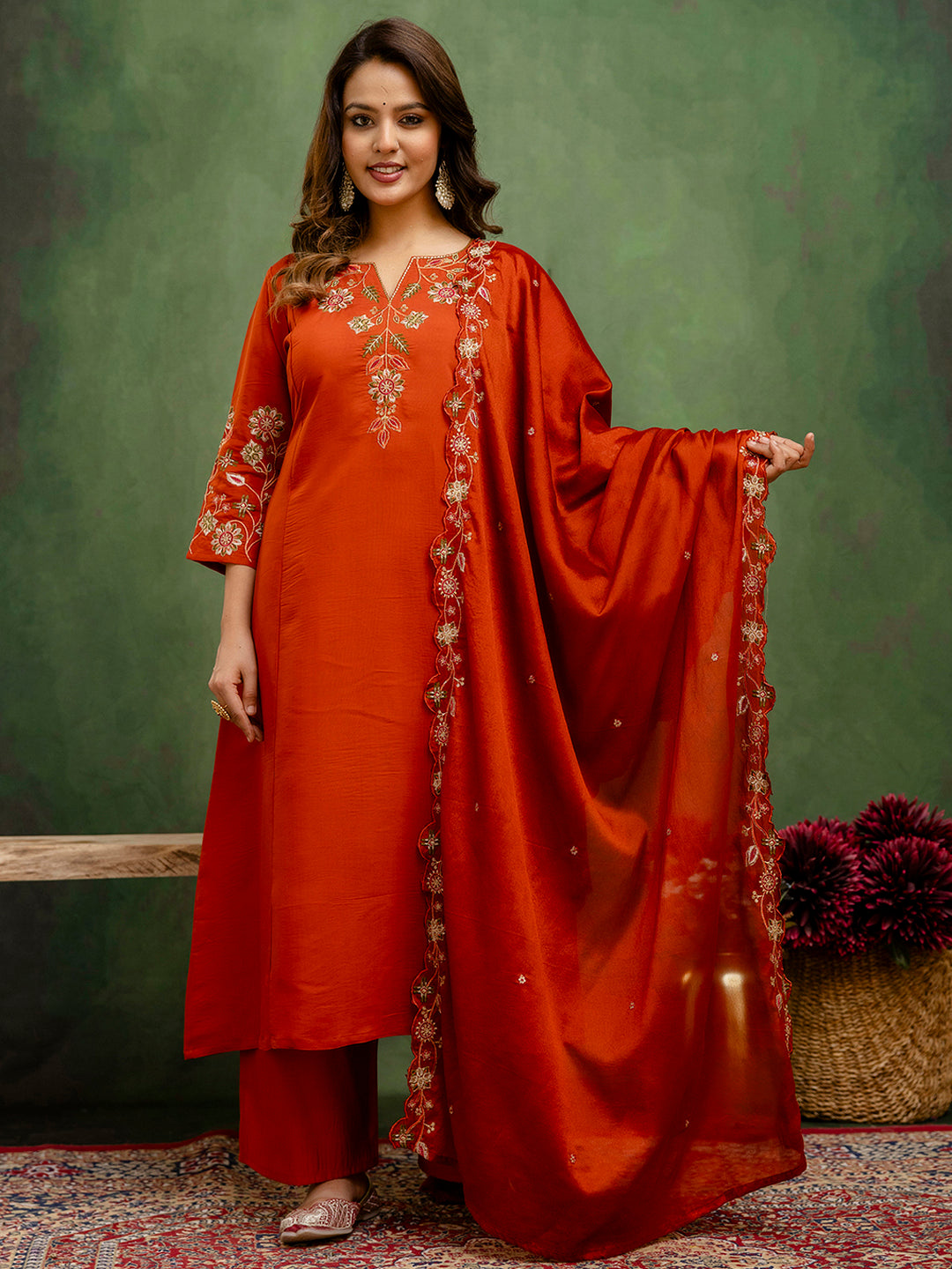 Rust Floral Embroidered Thread Work A-Line Kurta With Trousers & Dupatta