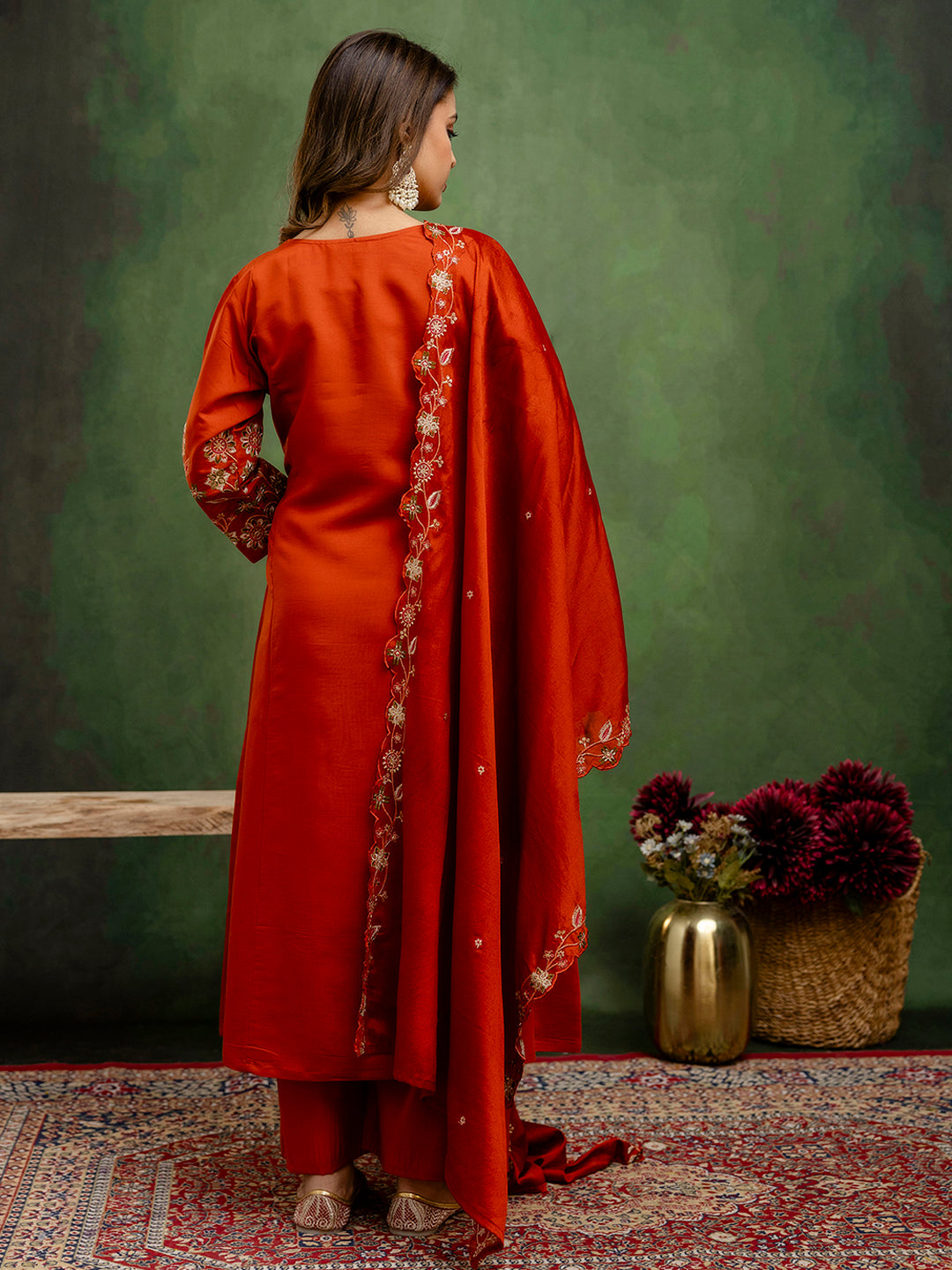 Rust Floral Embroidered Thread Work A-Line Kurta With Trousers & Dupatta