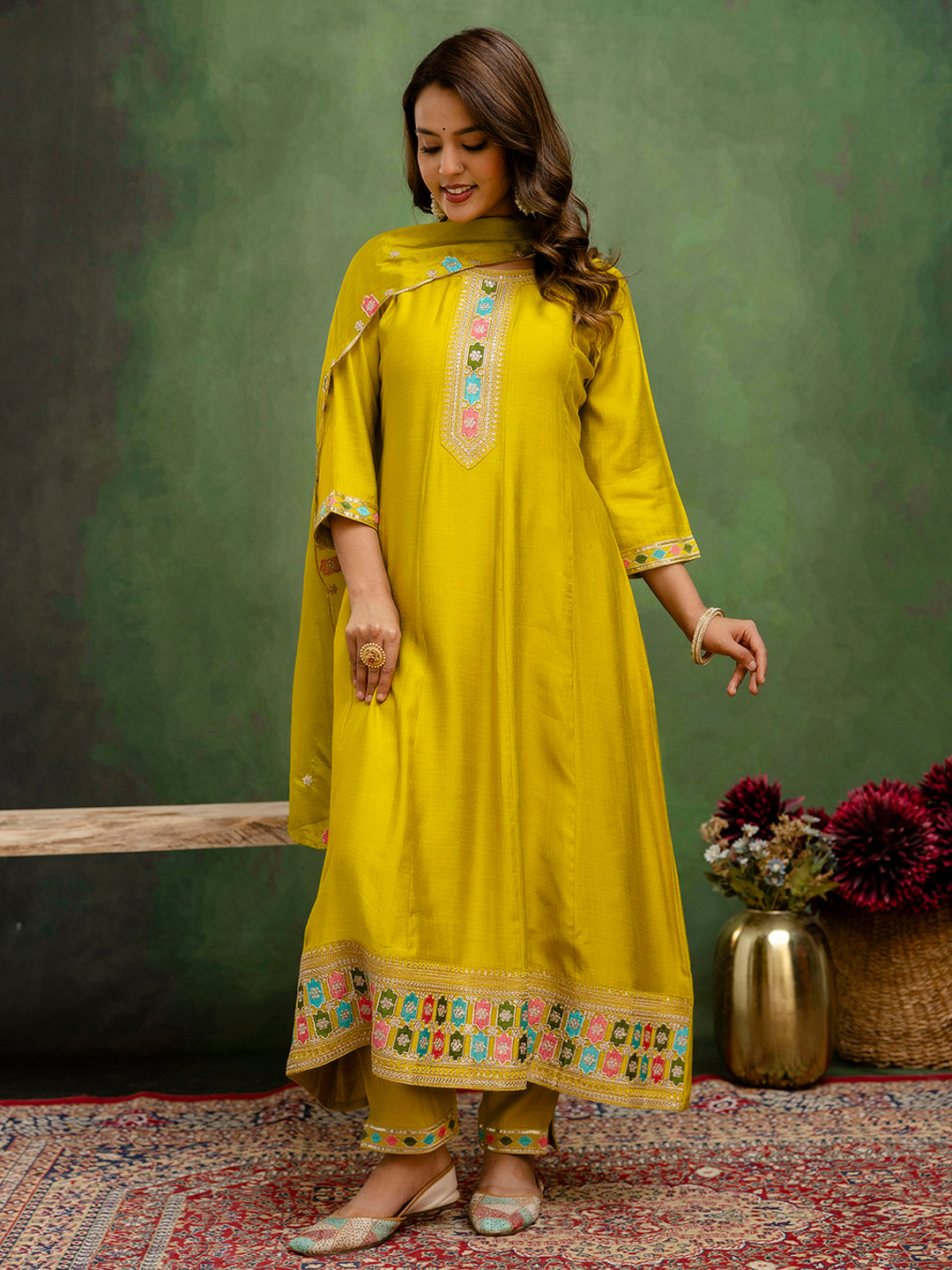 Lemon Floral Embroidered Thread Work Kurta With Trouser & Dupatta