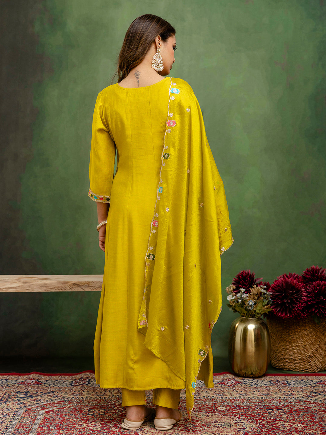 Lemon Floral Embroidered Thread Work Kurta With Trouser & Dupatta