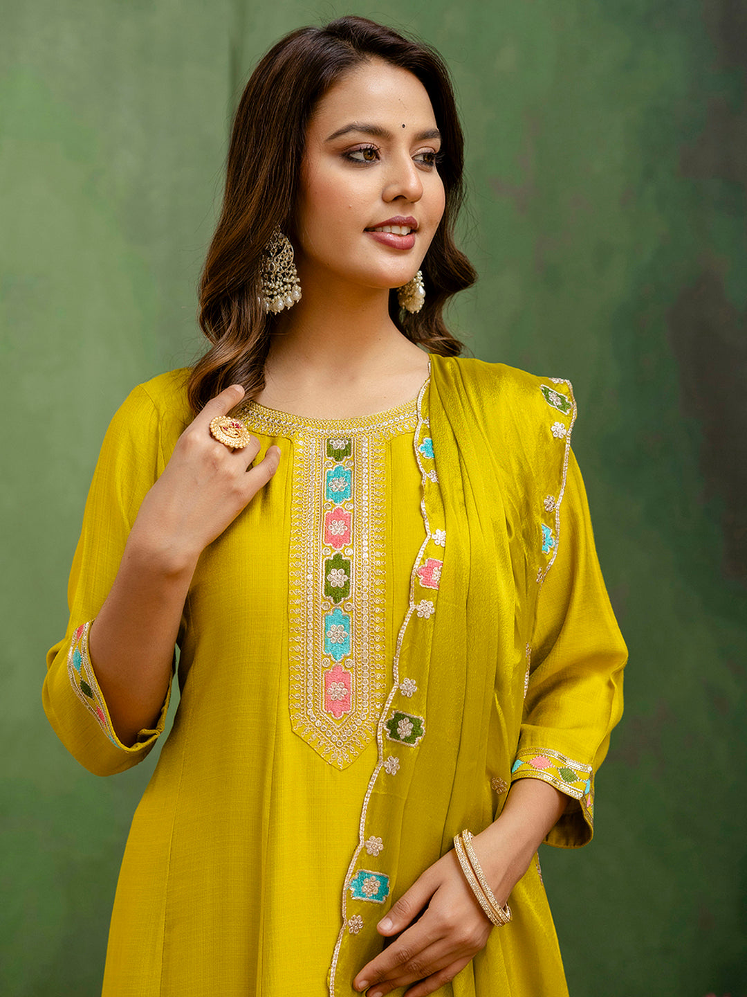 Lemon Floral Embroidered Thread Work Kurta With Trouser & Dupatta