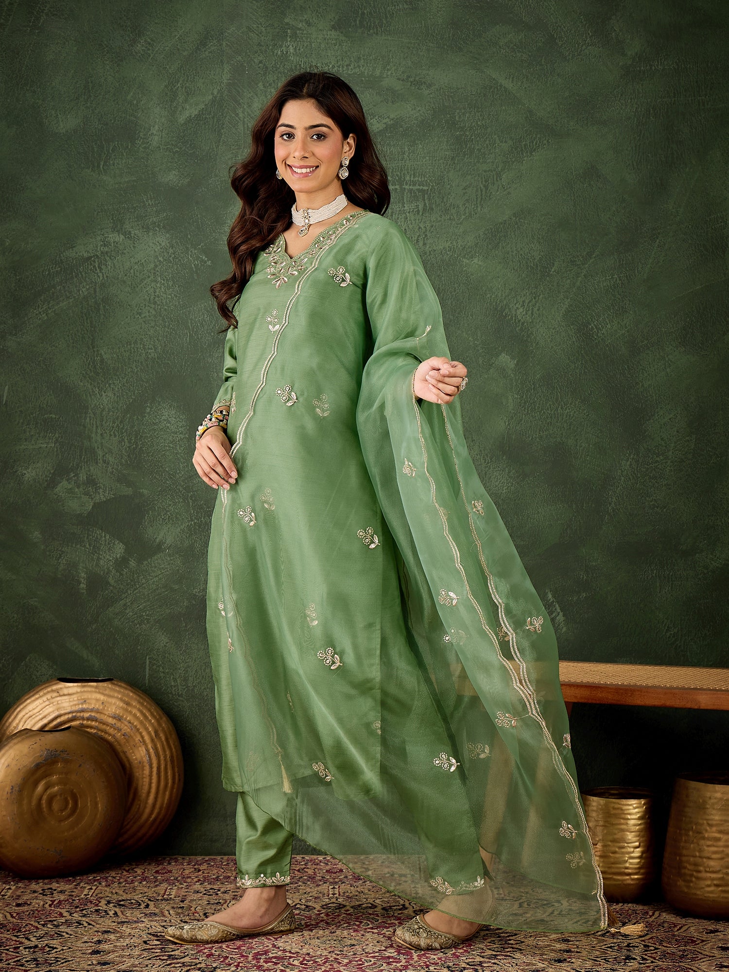 Women Floral Yoke Design Kurta with Trouser & Dupatta