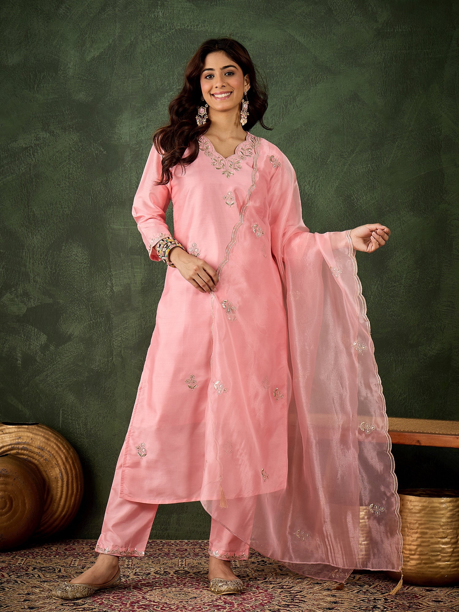Women Floral Yoke Design Kurta with Trouser & Dupatta