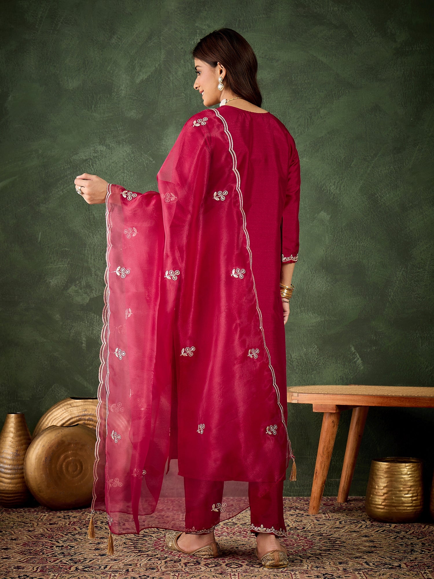 Women Floral Yoke Design Kurta with Trouser & Dupatta