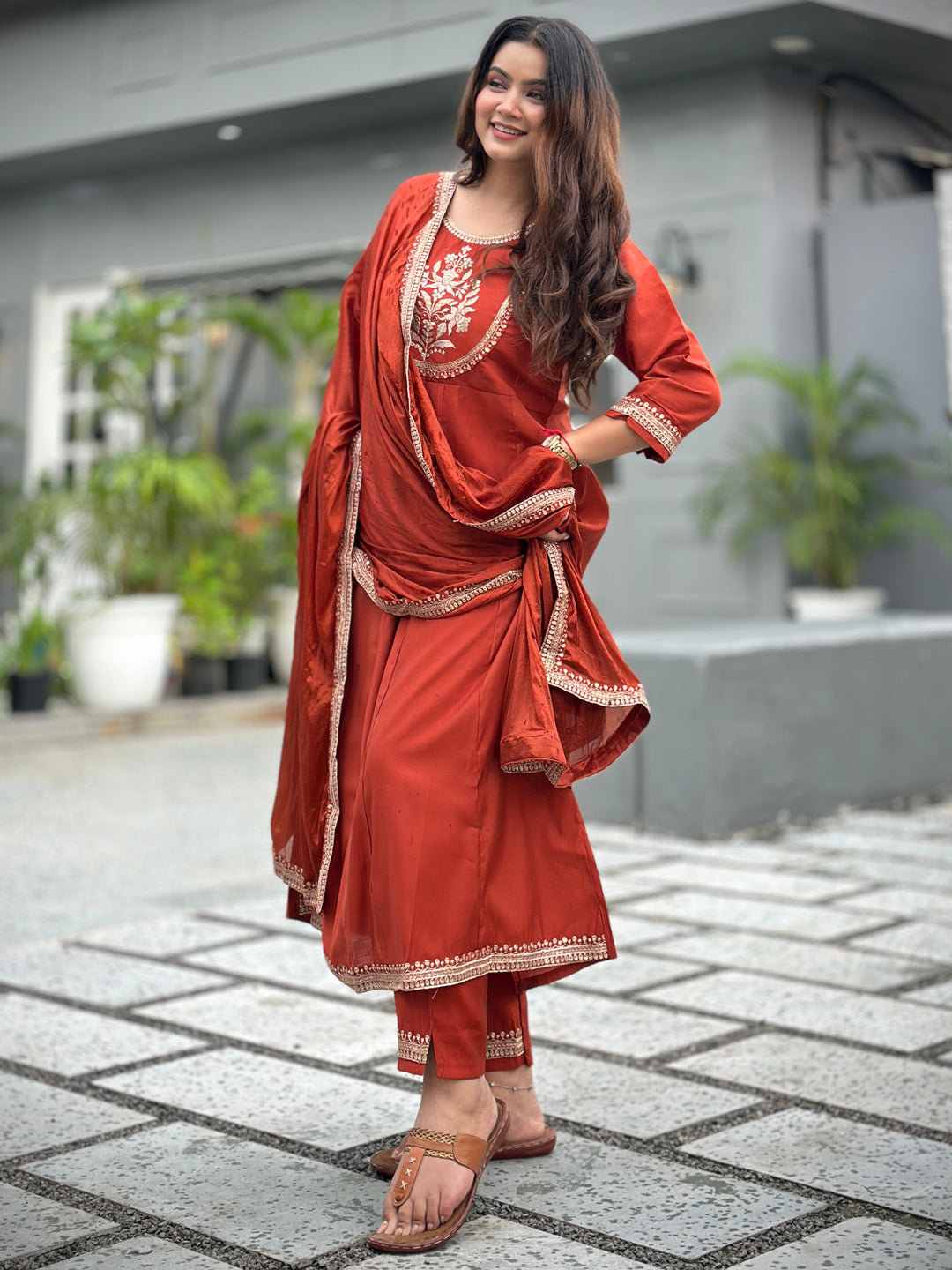 Rust Embroidered Silk Blend Anarkali Suit Set With Dupatta