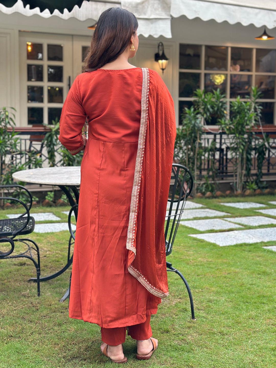 Rust Embroidered Silk Blend Anarkali Suit Set With Dupatta