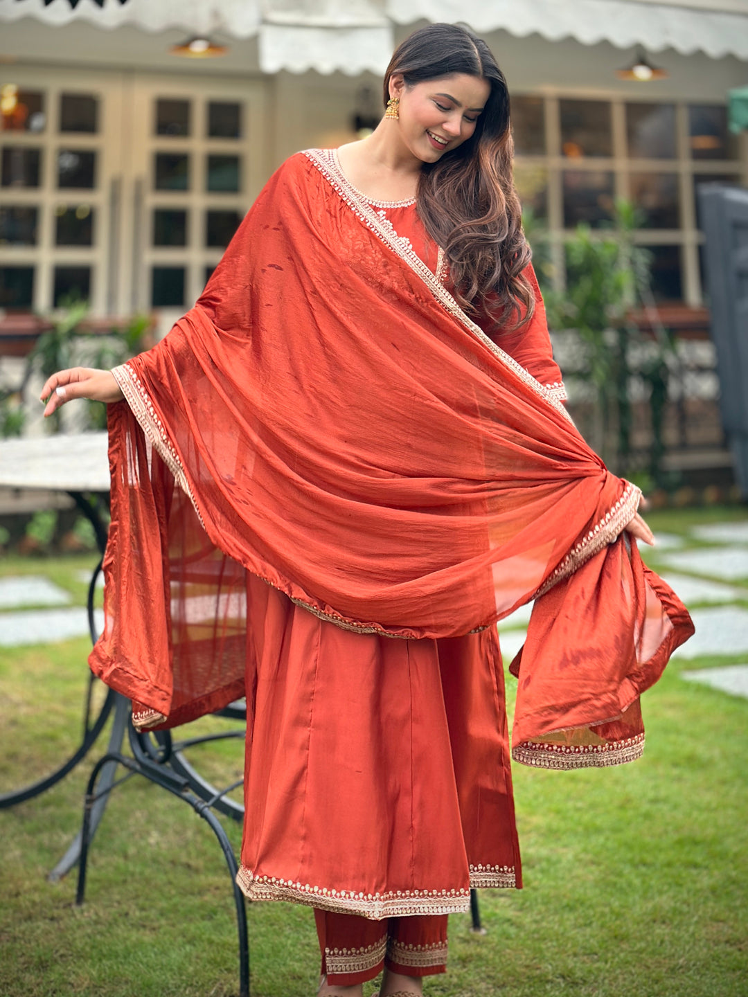 Rust Embroidered Silk Blend Anarkali Suit Set With Dupatta