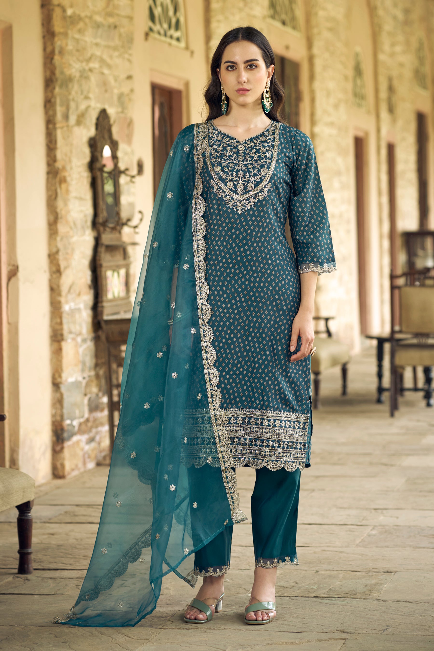 Teal Muslin Print Embroidered Straight Kurta with Pant & Dupatta