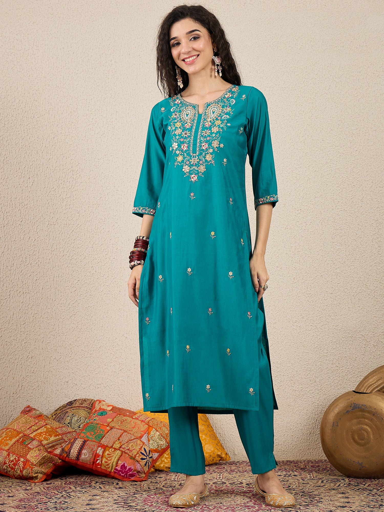 Women Kurta and Pant Dupatta Set Viscose Rayon Fabric with Embroidery Handwork