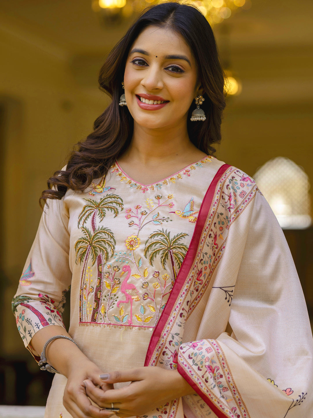 Cream Beads Embroidered Silk Women Kurta Sets With Printed Dupatta Suits