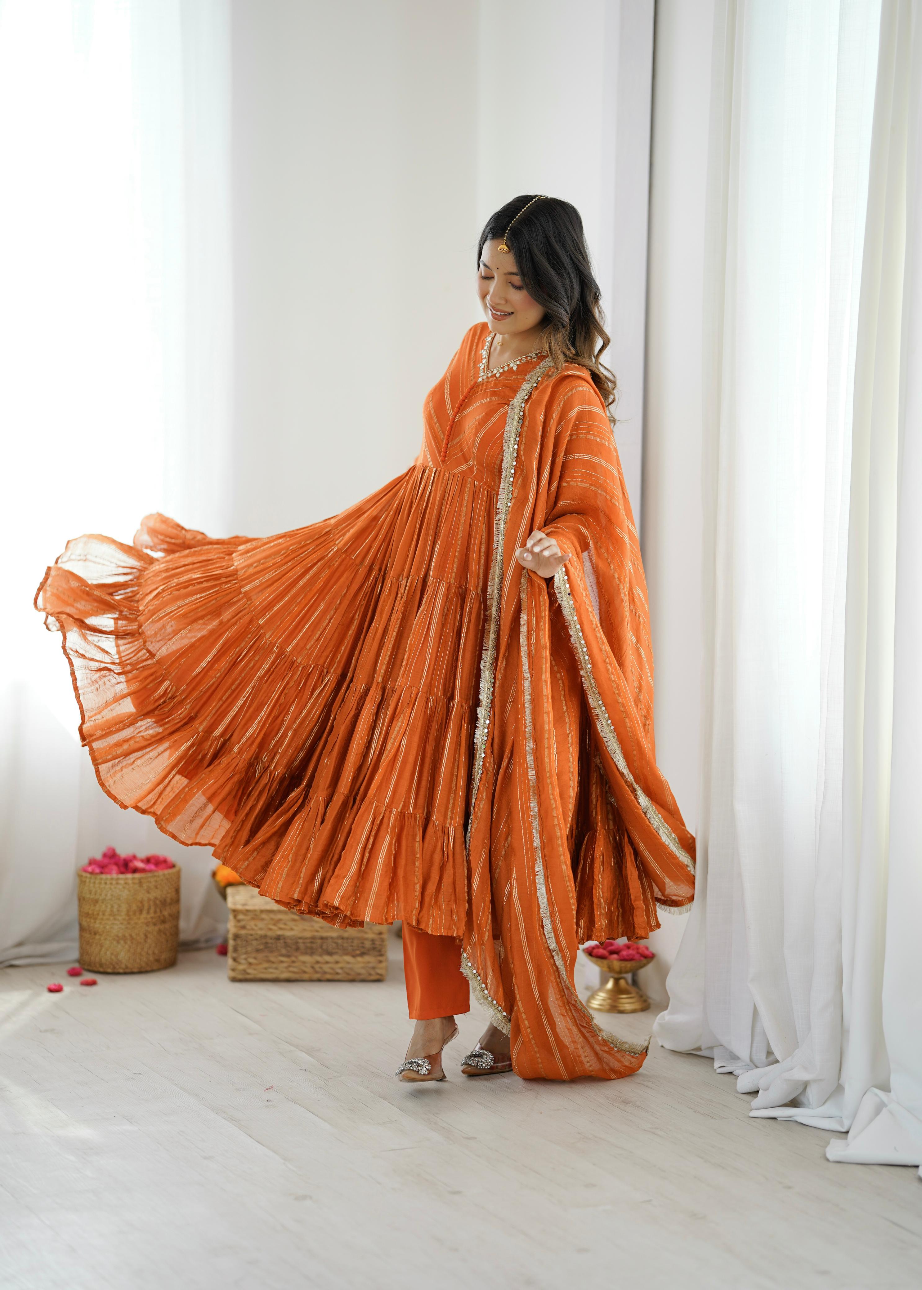 Tangerine Glow Mal Chanderi Anarkali Set