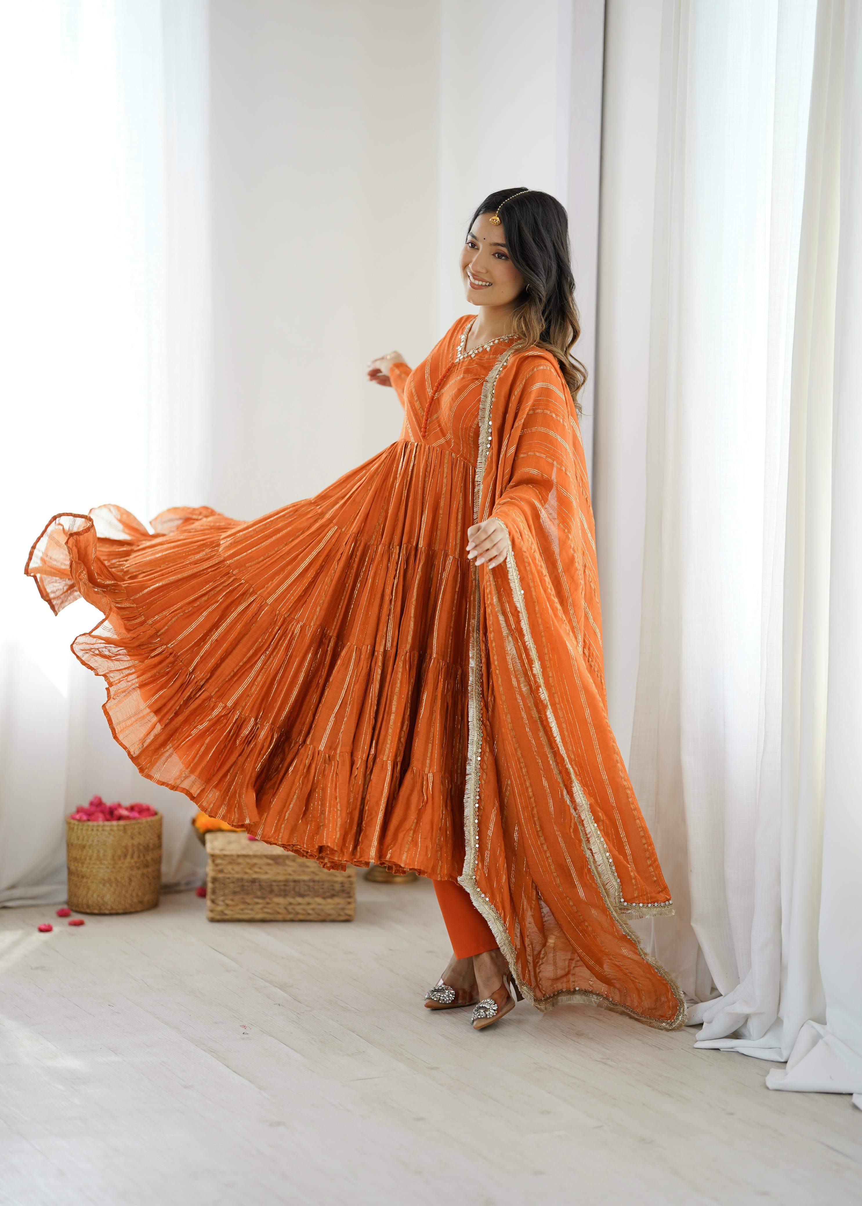 Tangerine Glow Mal Chanderi Anarkali Set