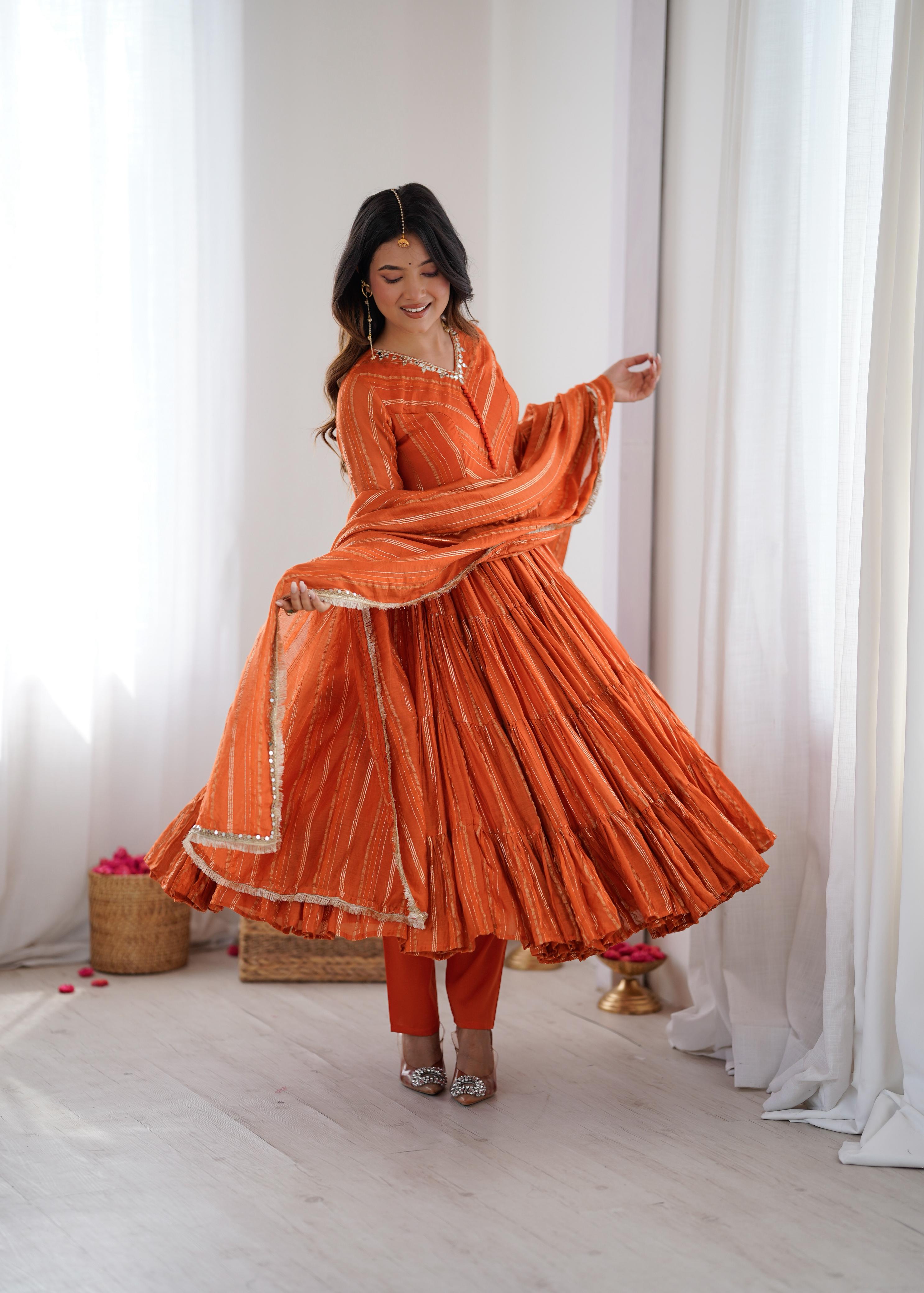 Tangerine Glow Mal Chanderi Anarkali Set