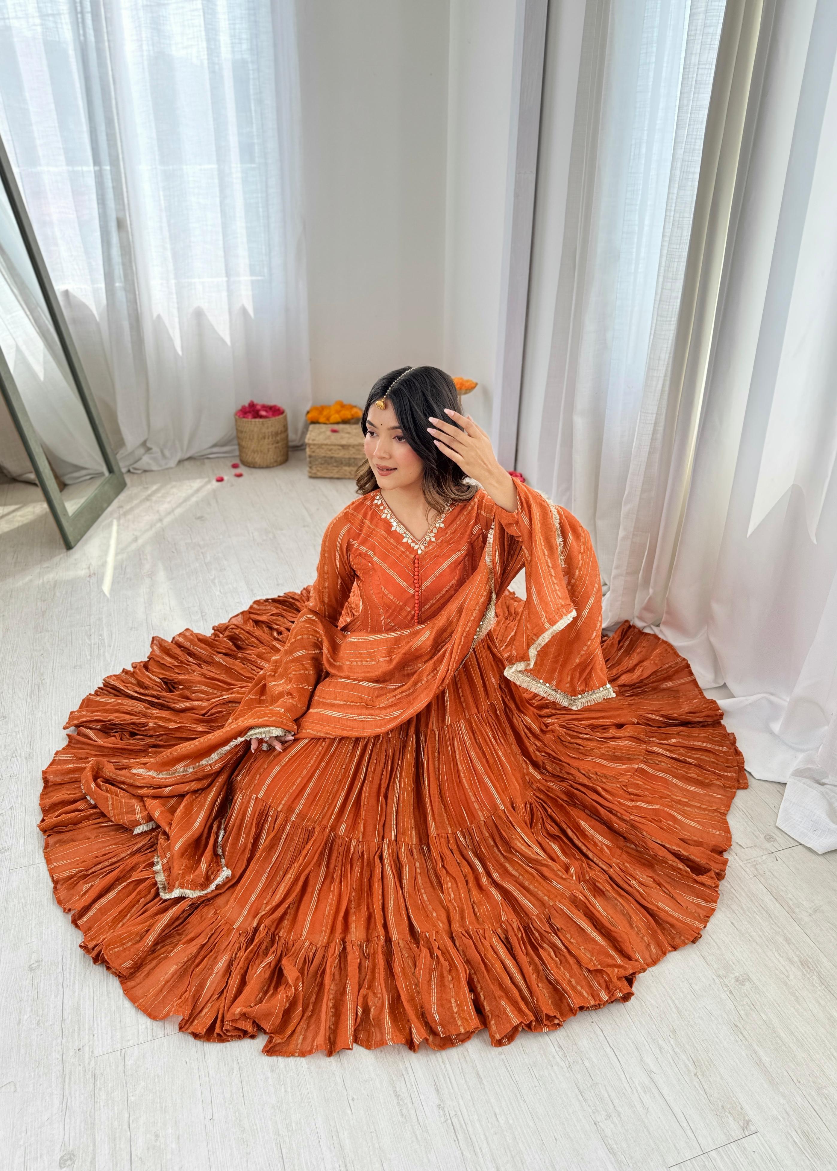 Tangerine Glow Mal Chanderi Anarkali Set